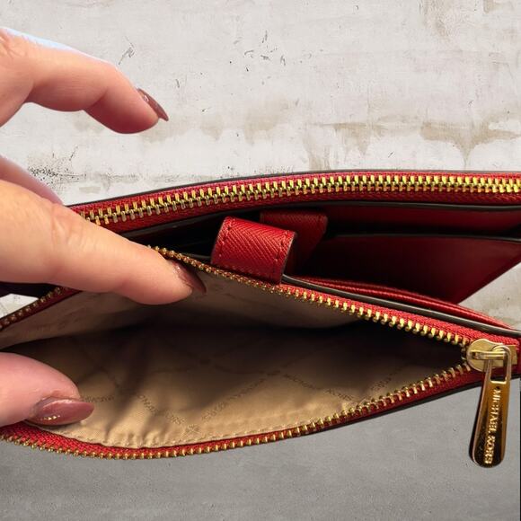 Michael Kors NWOT Adele Leather Double Zip Wristlet Wallet in Red - Picture 7 of 8